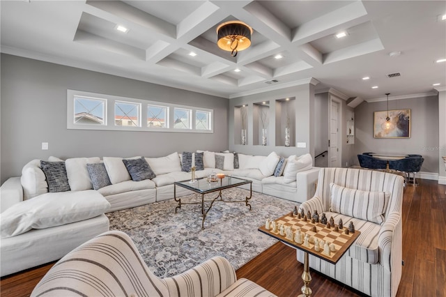 6771 Turtlemound Rd, New Smyrna Beach, FL 32169 - living room featuring recessed lighting, dark wood finished floors, beam ceiling, and visible vents