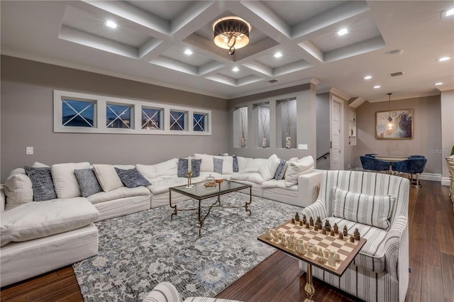 6771 Turtlemound Rd, New Smyrna Beach, FL 32169 - living room featuring recessed lighting, coffered ceiling, dark wood-style flooring, visible vents, and beam ceiling