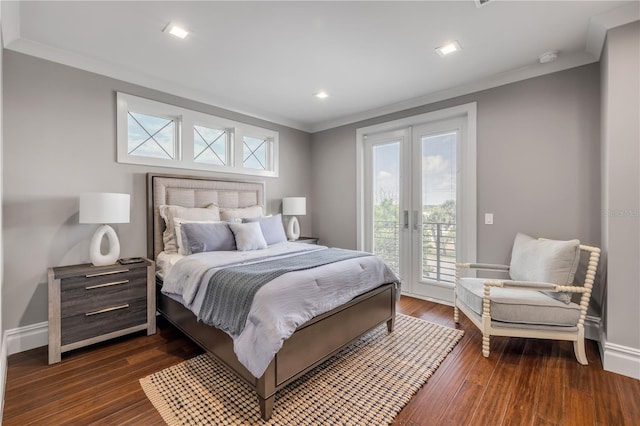 6771 Turtlemound Rd, New Smyrna Beach, FL 32169 - bedroom featuring french doors, baseboards, ornamental molding, access to outside, and dark wood-type flooring