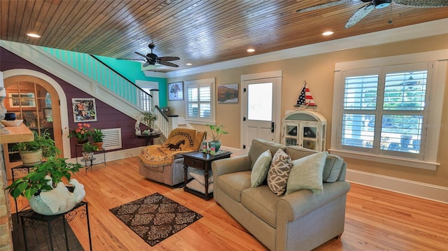 508 Faulkner St, New Smyrna Beach, FL 32168 - living area featuring a ceiling fan, wooden ceiling, baseboards, wood finished floors, and recessed lighting