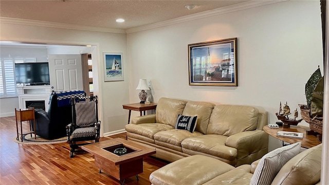 34 Richmond Dr, New Smyrna Beach, FL 32169 - living room with recessed lighting, baseboards, ornamental molding, wood finished floors, and a fireplace