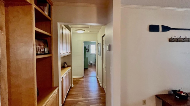 34 Richmond Dr, New Smyrna Beach, FL 32169 - corridor featuring crown molding, built in features, and wood finished floors