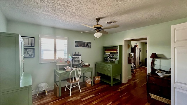 34 Richmond Dr, New Smyrna Beach, FL 32169 - office featuring a textured ceiling, dark wood-style flooring, and a ceiling fan