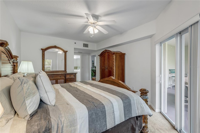bedroom with access to exterior, light carpet, and a ceiling fan