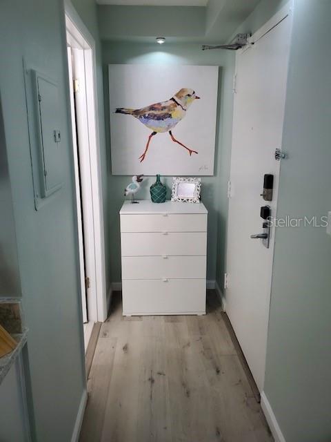 corridor with electric panel, light wood finished floors, and baseboards