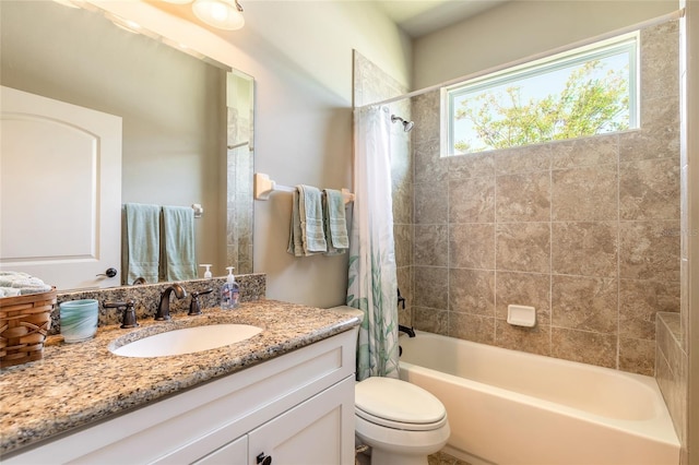 full bathroom with shower / bathtub combination with curtain, toilet, and vanity