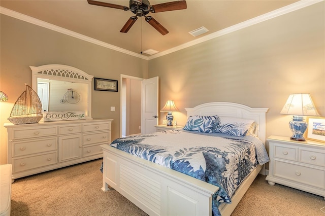 bedroom with light colored carpet, visible vents, ceiling fan, and ornamental molding