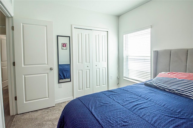 bedroom featuring carpet flooring, baseboards, multiple windows, and a closet
