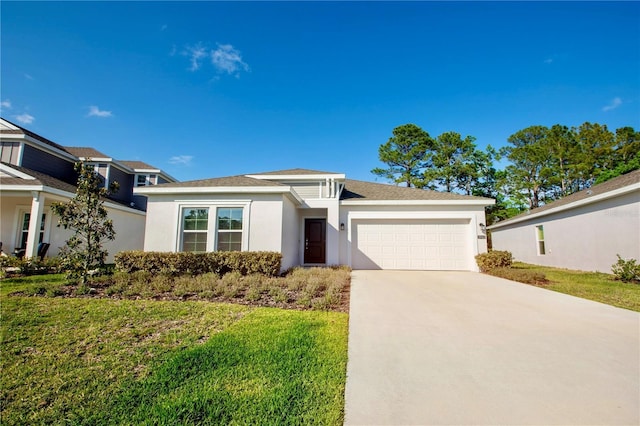 view of front of house featuring concrete driveway, a garage, a front yard, and stucco siding