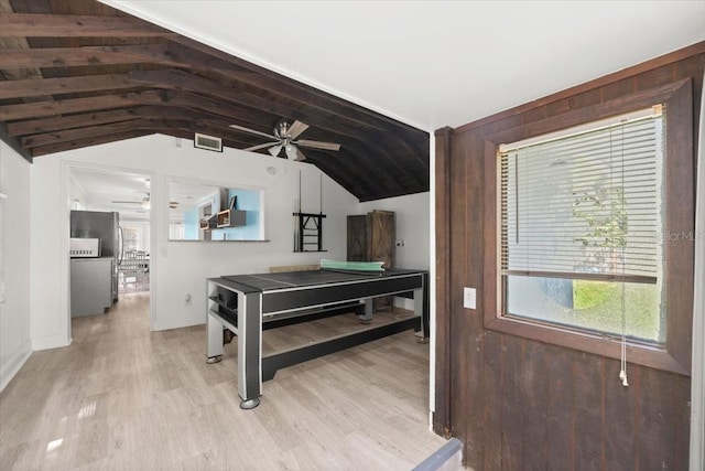 playroom with ceiling fan, visible vents, and light wood-type flooring