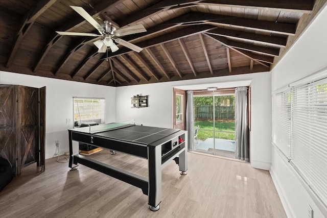 rec room featuring a ceiling fan, baseboards, wood ceiling, lofted ceiling with beams, and light wood-style flooring