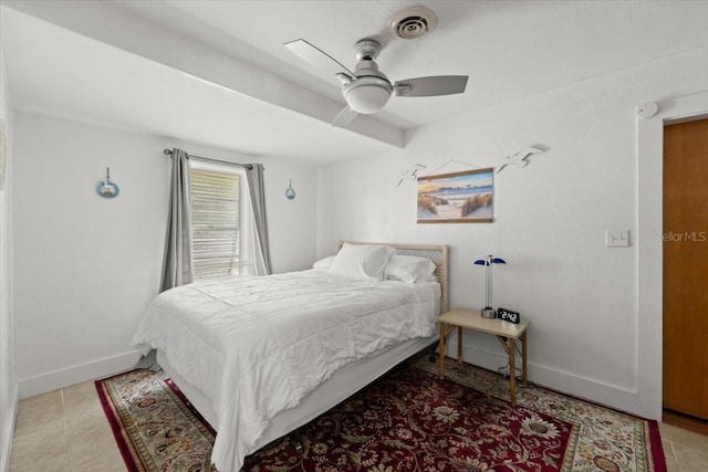 bedroom featuring baseboards, visible vents, ceiling fan, and tile patterned floors