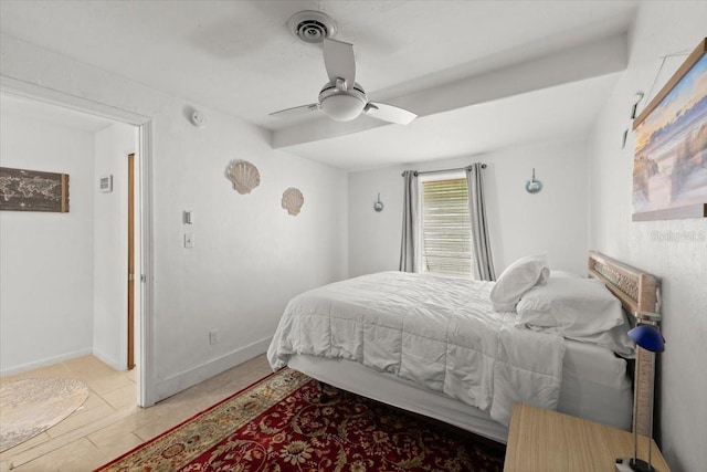 bedroom featuring baseboards, a ceiling fan, and visible vents
