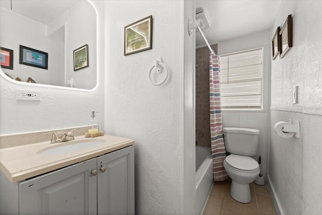 bathroom with toilet, tile patterned floors, shower / tub combo with curtain, and vanity