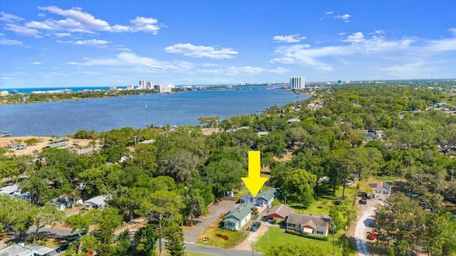 drone / aerial view featuring a water view