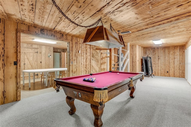 playroom with carpet flooring, wood walls, pool table, and wooden ceiling