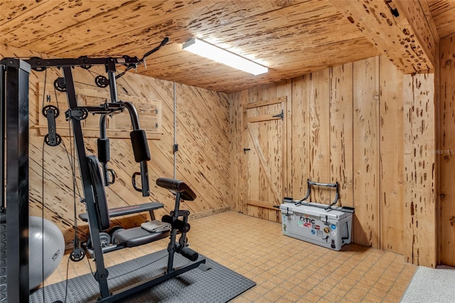 workout room with wood walls and wood ceiling