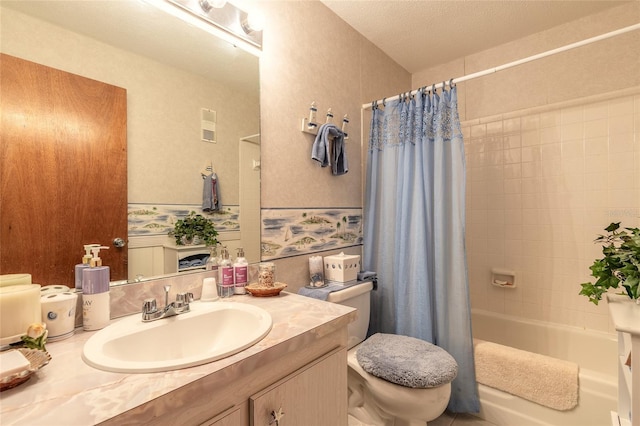 bathroom with toilet, shower / tub combo, and vanity