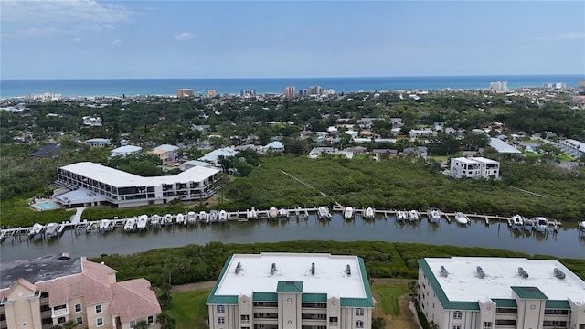 aerial view featuring a water view