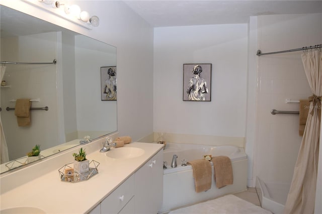 bathroom featuring double vanity, a bath, a shower with shower curtain, and a sink