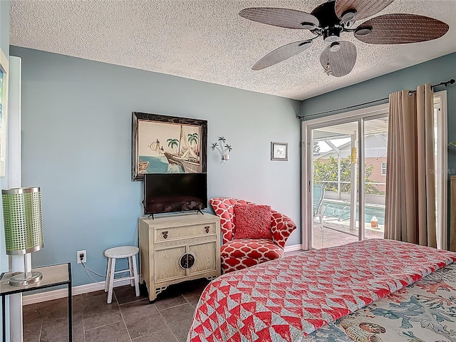 31 Sea Harbor Dr E, Ormond Beach, FL 32176 - bedroom featuring access to outside, a textured ceiling, baseboards, and ceiling fan
