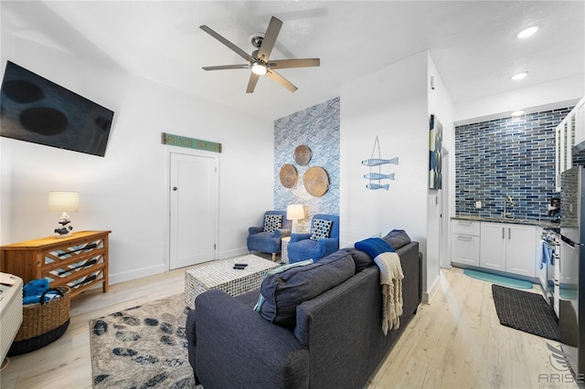 3509 S Atlantic Ave Unit 102And 103, New Smyrna Beach, FL 32169 - living area with ceiling fan, light wood-style flooring, baseboards, and recessed lighting