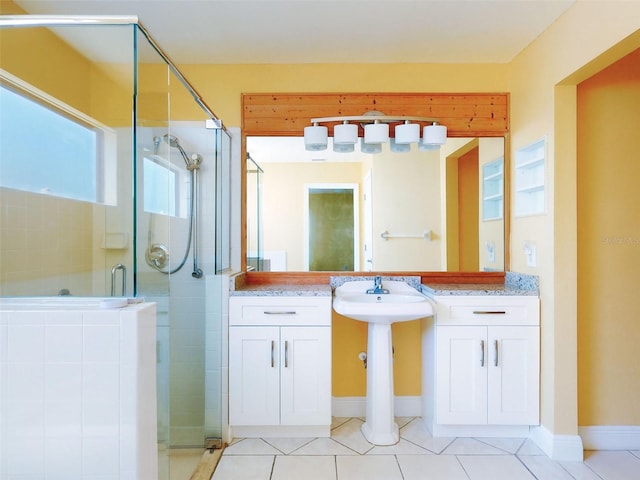 bathroom featuring a stall shower and tile patterned flooring