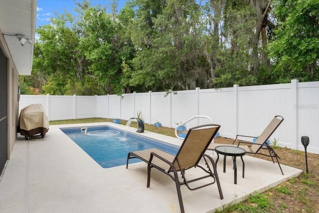 view of pool with a patio area, a fenced backyard, and a grill