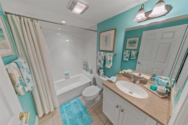 full bath with tile patterned floors, toilet, vanity, shower / bathtub combination with curtain, and a textured ceiling