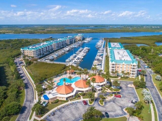 bird's eye view of a marina, a large body of water, and a pool