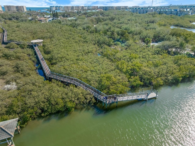 view of urban area with a nearby body of water and a heavily wooded area