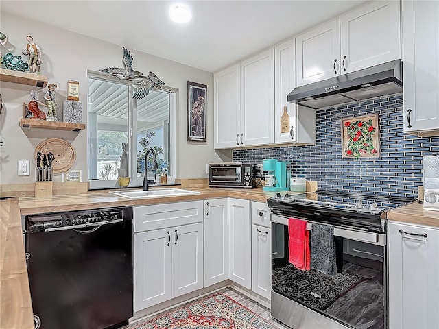 kitchen featuring black dishwasher, stainless steel range with electric stovetop, under cabinet range hood, a sink, and open shelves