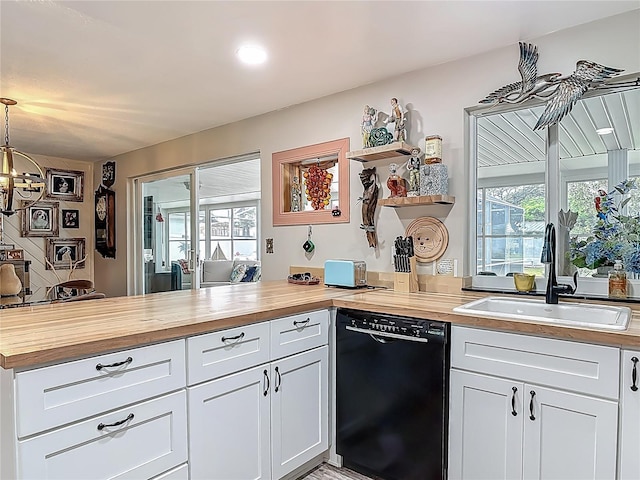 kitchen with dishwasher, butcher block countertops, a sink, and a peninsula