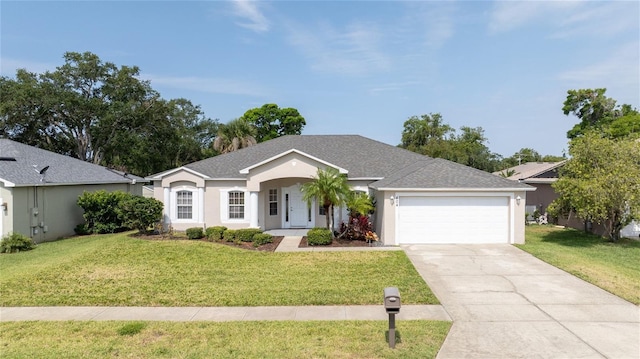 404 Central Mariners Dr, Edgewater, FL 32141 - ranch-style home featuring an attached garage, driveway, a front yard, stucco siding, and roof with shingles