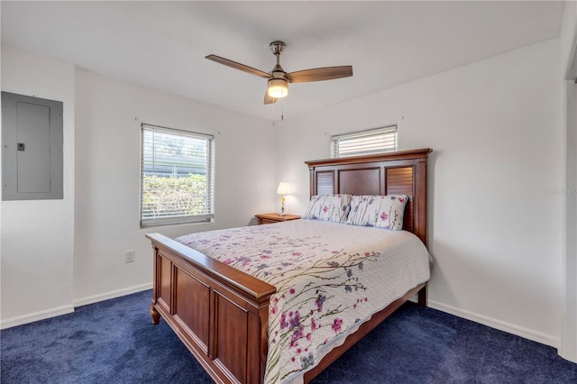 bedroom featuring electric panel, dark colored carpet, baseboards, and a ceiling fan