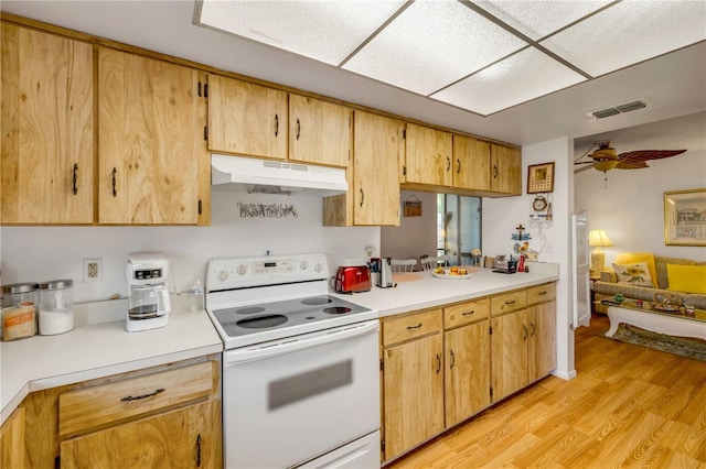 kitchen featuring white electric stove, under cabinet range hood, light wood finished floors, light countertops, and ceiling fan