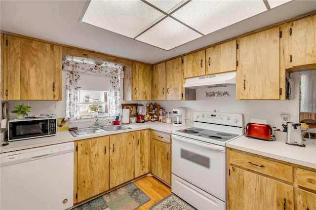 kitchen featuring white appliances, under cabinet range hood, a sink, light countertops, and light wood-style floors