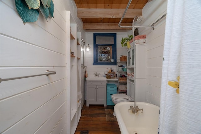 4580 Lake James Cir, Edgewater, FL 32141 - bathroom with a freestanding tub, wood finished floors, wood ceiling, vanity, and beamed ceiling