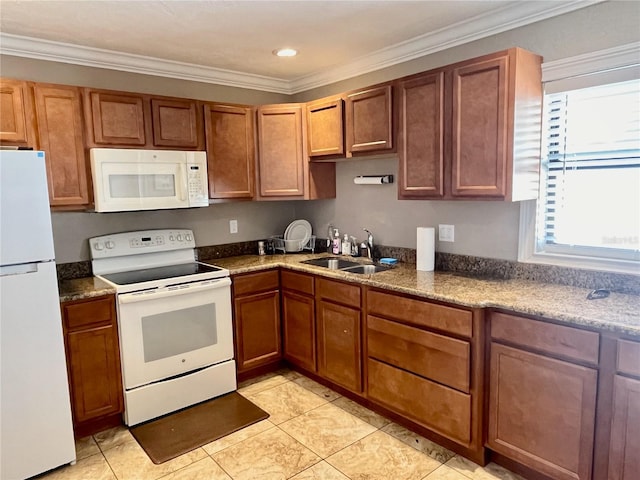 2100 N Peninsula Ave Unit 2160, New Smyrna Beach, FL 32169 - kitchen featuring white appliances, a sink, ornamental molding, brown cabinetry, and recessed lighting