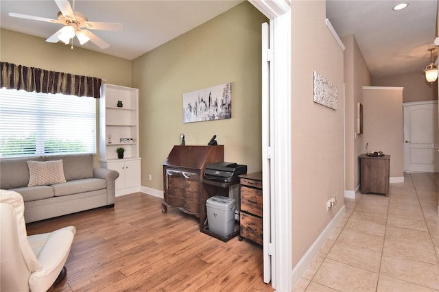 1442 Carlow Cir, Ormond Beach, FL 32174 - living room with a ceiling fan, baseboards, light wood-type flooring, and recessed lighting