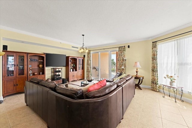 3245 S Atlantic Ave Unit 208, Daytona Beach, FL 32118 - living room featuring light tile patterned flooring, ornamental molding, baseboards, and a chandelier