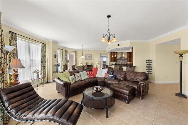 3245 S Atlantic Ave Unit 208, Daytona Beach, FL 32118 - living room featuring light tile patterned floors, baseboards, ornamental molding, and a chandelier
