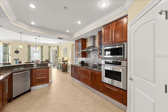 3245 S Atlantic Ave Unit 208, Daytona Beach, FL 32118 - kitchen with appliances with stainless steel finishes, wall chimney exhaust hood, backsplash, glass insert cabinets, and light tile patterned floors
