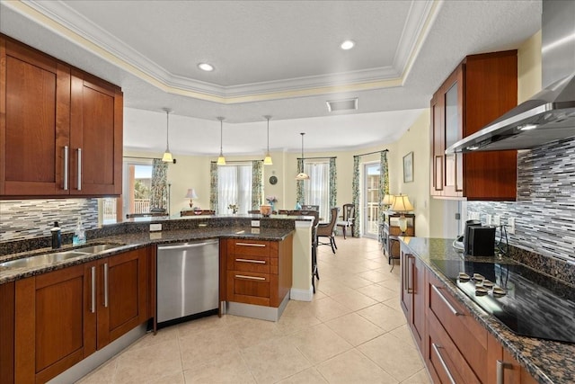 3245 S Atlantic Ave Unit 208, Daytona Beach, FL 32118 - kitchen featuring stainless steel dishwasher, wall chimney range hood, black electric stovetop, a sink, and a raised ceiling