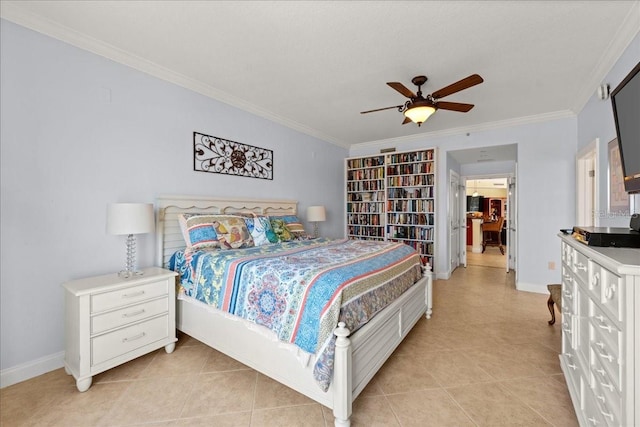 3245 S Atlantic Ave Unit 208, Daytona Beach, FL 32118 - bedroom featuring crown molding, baseboards, light tile patterned floors, and ceiling fan