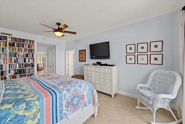3245 S Atlantic Ave Unit 208, Daytona Beach, FL 32118 - bedroom with light tile patterned flooring, baseboards, a ceiling fan, and ornamental molding