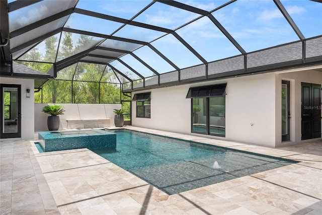 1624 Turnbull Crossings Dr, New Smyrna Beach, FL 32168 - view of swimming pool with a patio area, a pool with connected hot tub, and glass enclosure