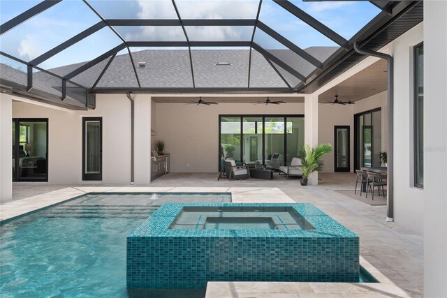 1624 Turnbull Crossings Dr, New Smyrna Beach, FL 32168 - view of pool with a ceiling fan, a patio area, an outdoor living space, and glass enclosure