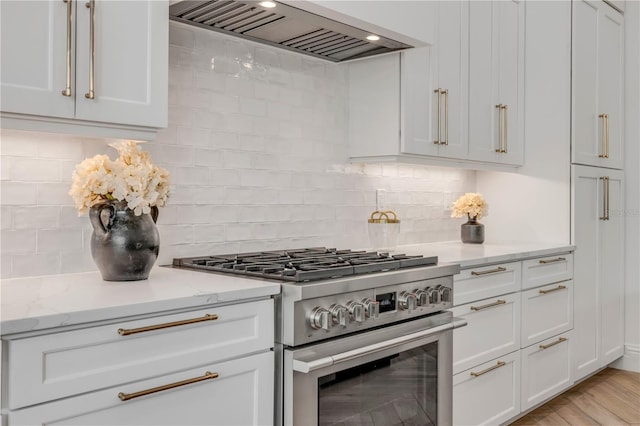 102 Inlet Shores Dr, New Smyrna Beach, FL 32168 - kitchen featuring high end stainless steel range oven, custom exhaust hood, white cabinetry, decorative backsplash, and light stone counters