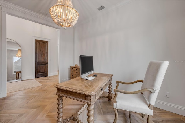 102 Inlet Shores Dr, New Smyrna Beach, FL 32168 - office with a chandelier, baseboards, and ornamental molding